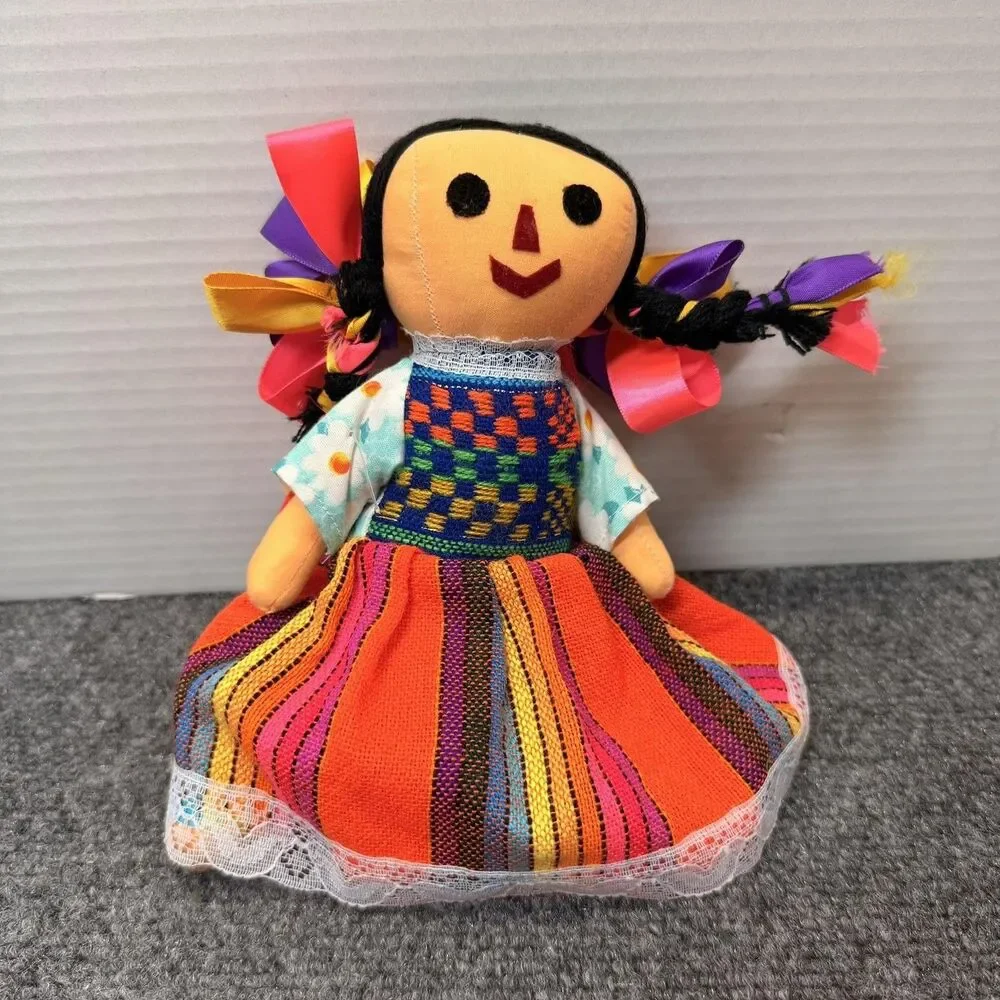 Mexican Handmade Cloth Rag Girl Doll 8 Inch Bright Colorful Dress Braids Ribbons